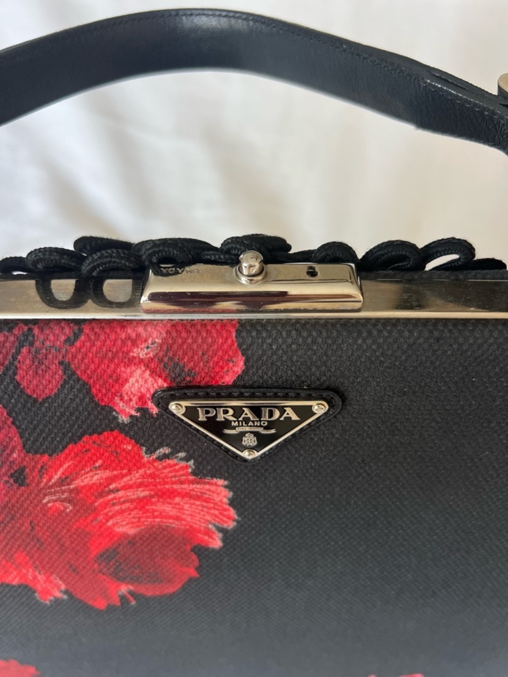 PRADA Black and Red Rose Floral Top Handle Bag Clochette Keys Silver Hardware - Picture 12 of 16